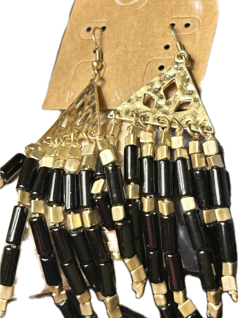 Gold and Black Beaded Tassel Drop Earrings
